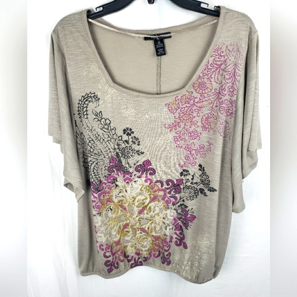 Style & Co Brown Printed Flutter Sleeve Shirt Sz XL